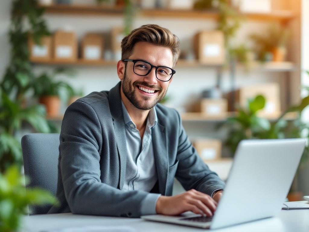 Nowoczesna księgowość e-commerce w praktyce - zadowolona przedsiębiorczyni korzysta z automatyzacji księgowej w biurze rachunkowym online. Profesjonalna obsługa księgowa dla sklepów internetowych w Warszawie.